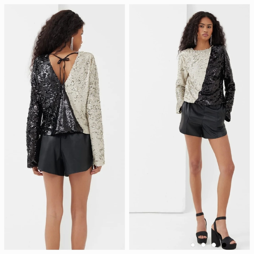 Sequin Black & Crem Multicolor Party Holiday Blouse US S UK8 EU36